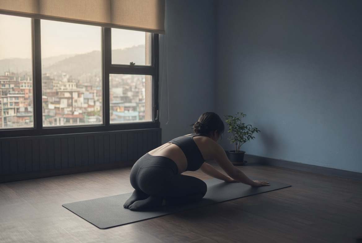 A woman stretching on a mat at home, by a window over the city