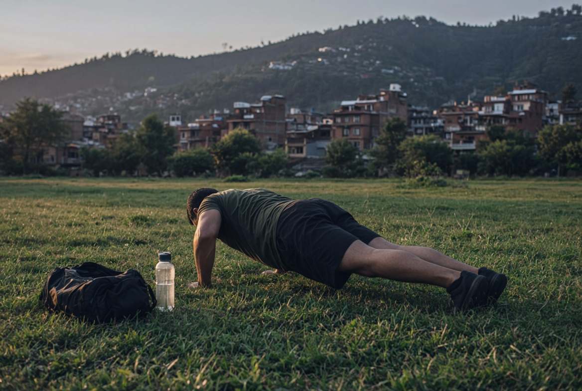 A man doing push-ups on the grass in a park, a bag and water bottle beside him