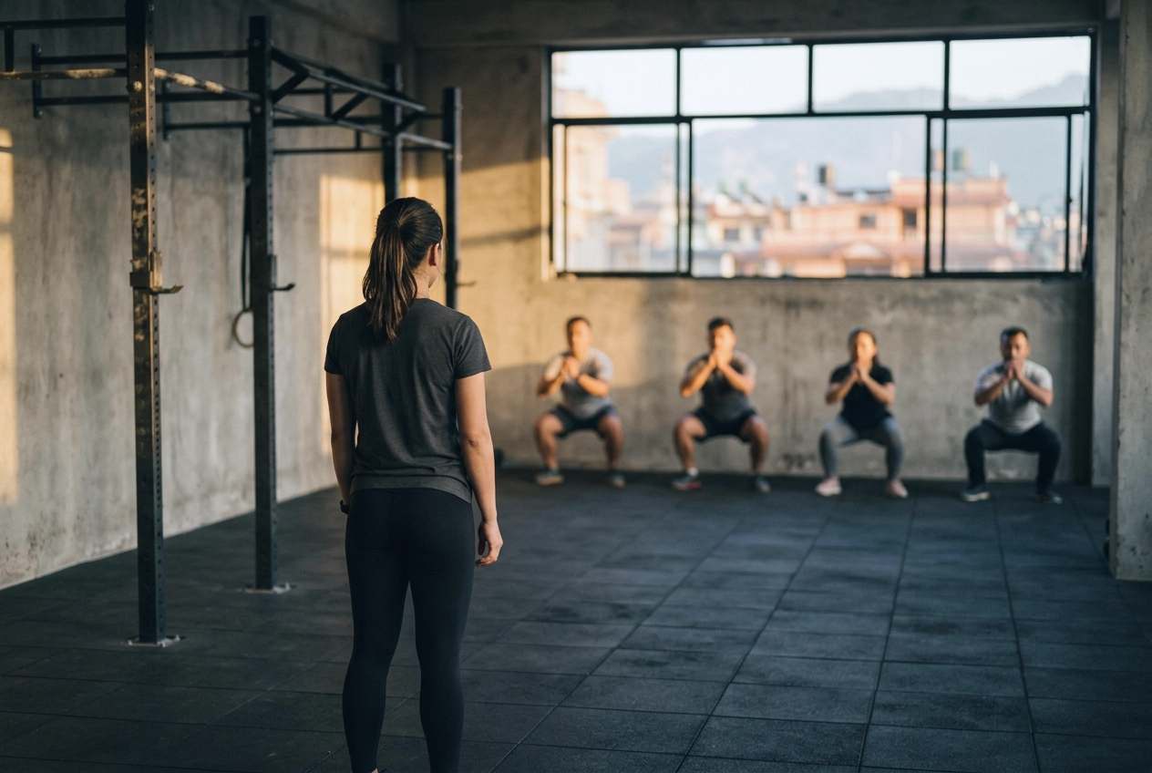 Sample coach Pema, conditioning coach, seen from behind, coaching a group through squats