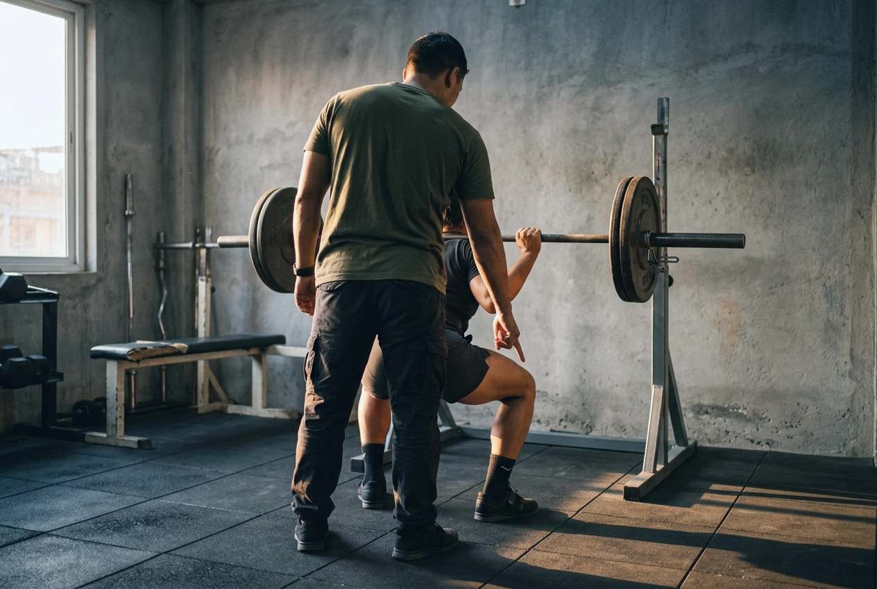 Sample coach Anish, strength coach, seen from behind, spotting a barbell squat