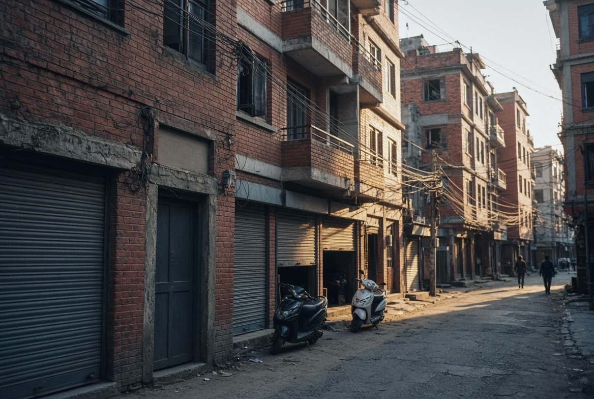 A brick side street with shop shutters and parked scooters in late sun