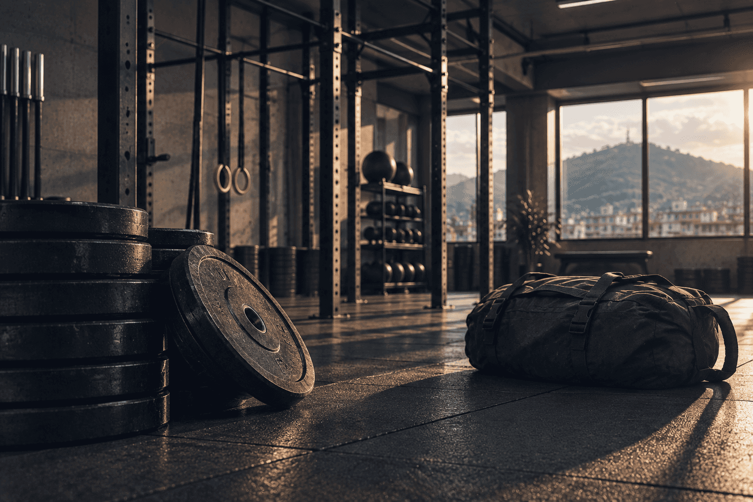 Bumper plates and a sandbag on the training floor
