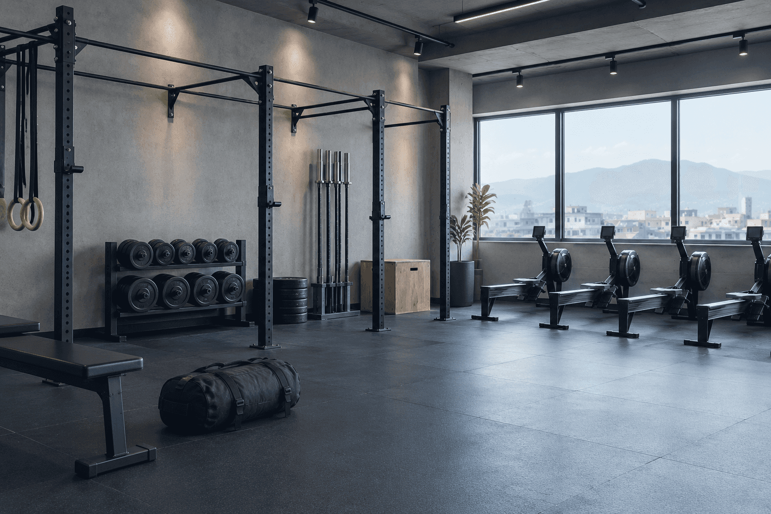 The training hall: a pull-up rig, a bench and a row of rowing machines by tall windows