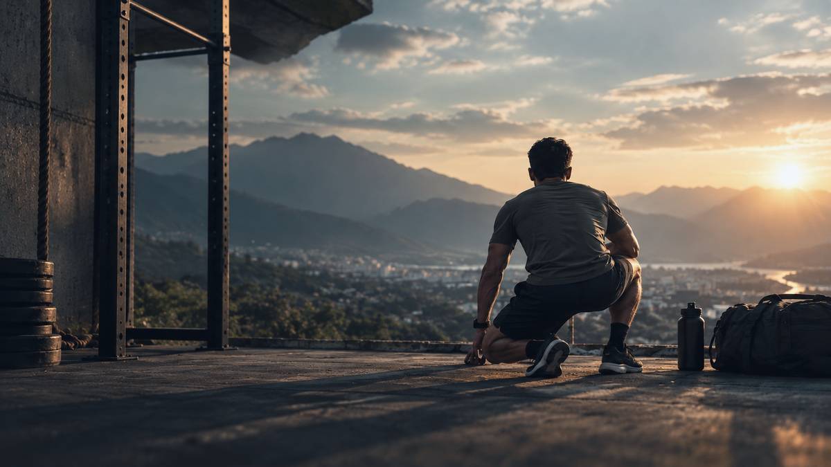 A man in training kit kneels on a rooftop at sunset, looking out over a valley city and mountains