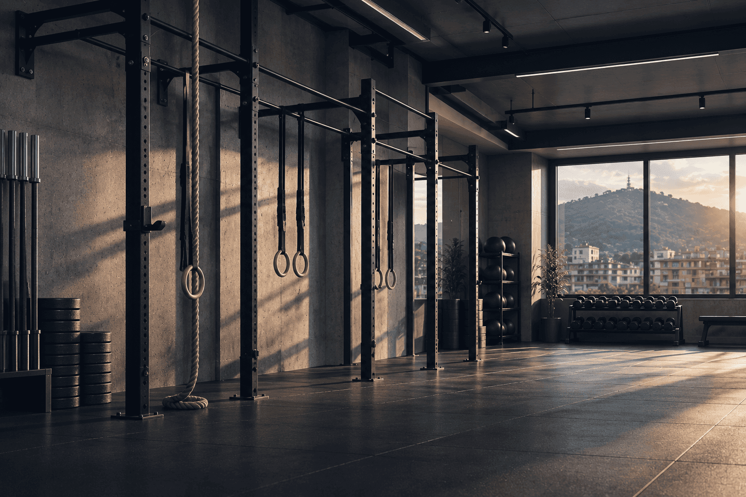 The pull-up rig with bars, rings and a climbing rope, in evening light