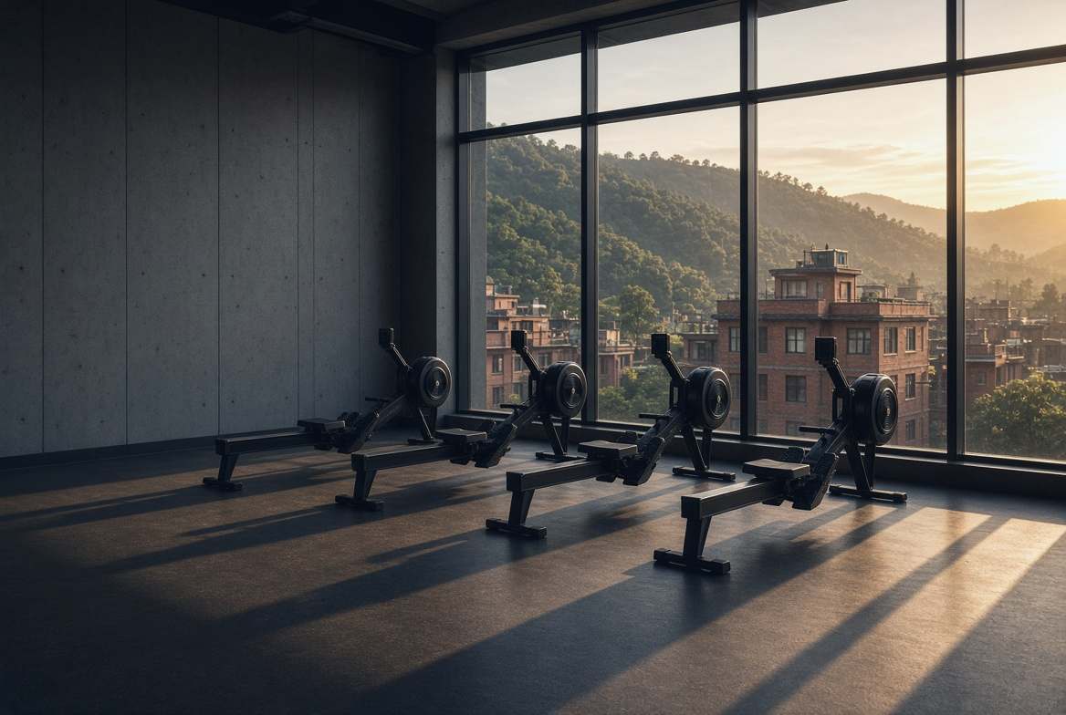 Four rowing machines in a row by windows looking out over brick buildings